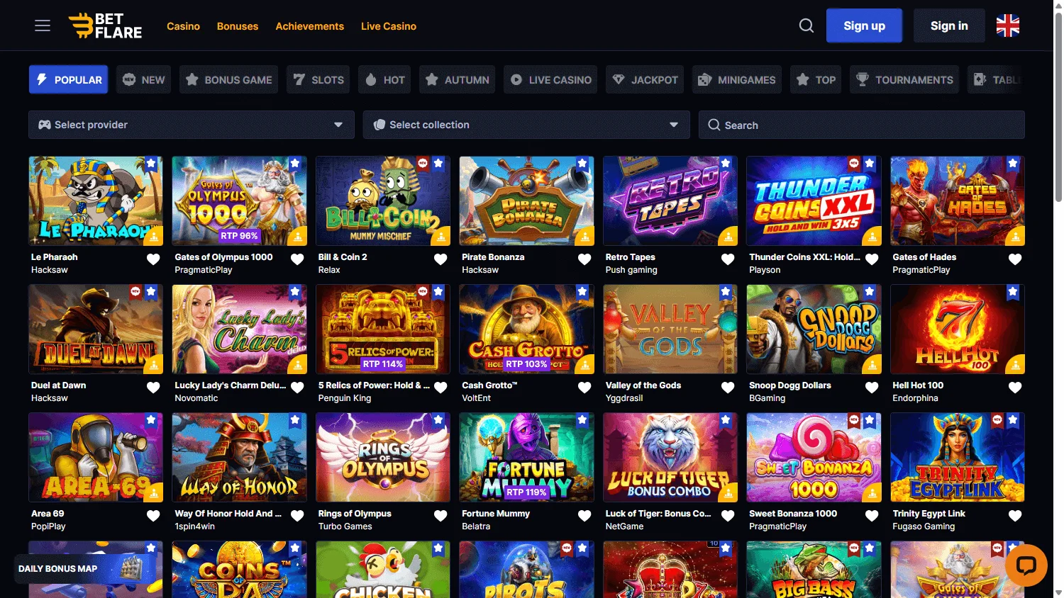 Betflare Casino games screen on desktop