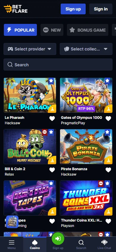 Betflare Casino games screen on a mobile device