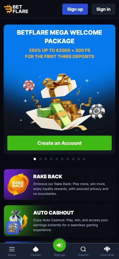 Betflare Casino home screen on a mobile device
