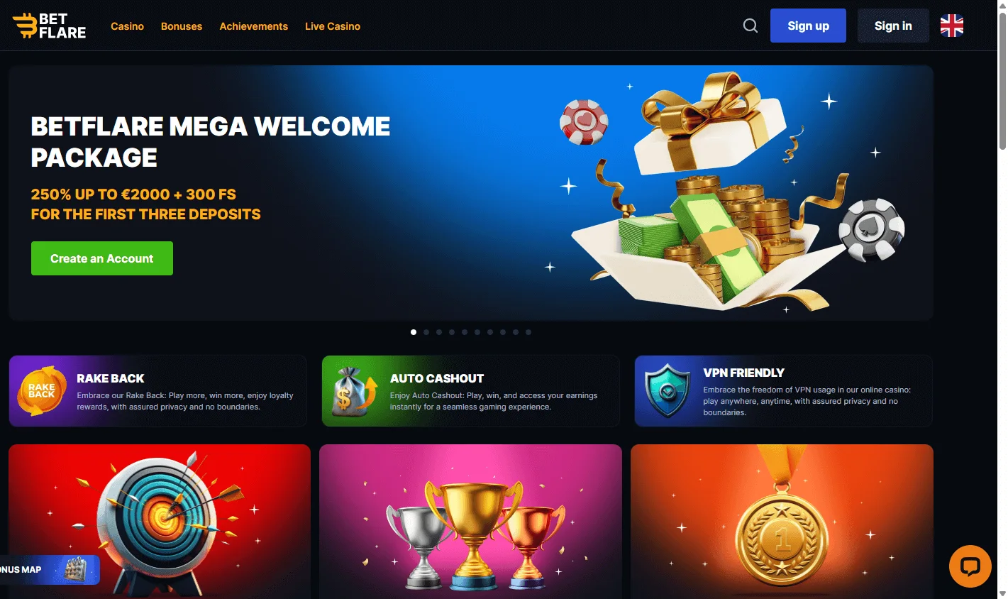 Betflare Casino home screen on desktop
