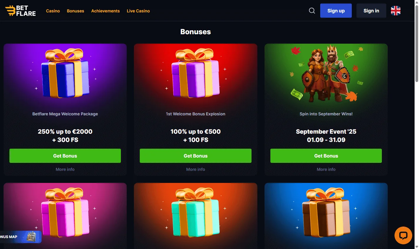 Betflare Casino promotions screen on desktop