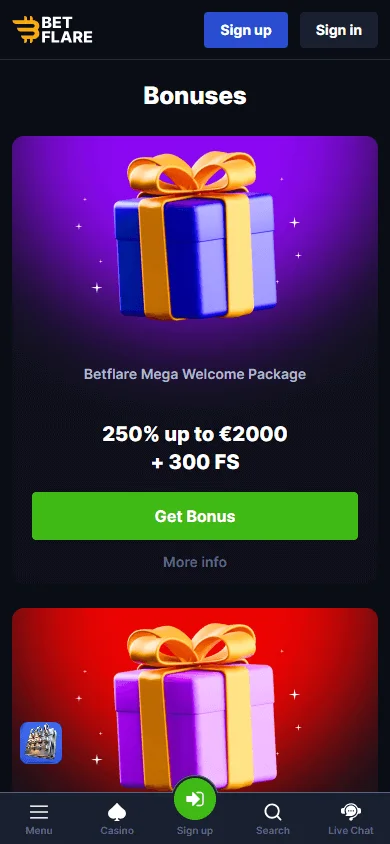 Betflare Casino promotions screen on a mobile device